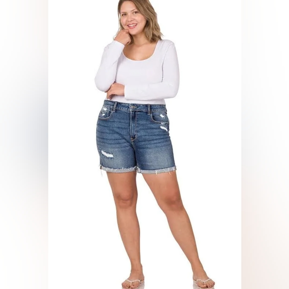 (Dark Blue)Zenana Distressed Cuffed Raw Hem Denim Shorts
